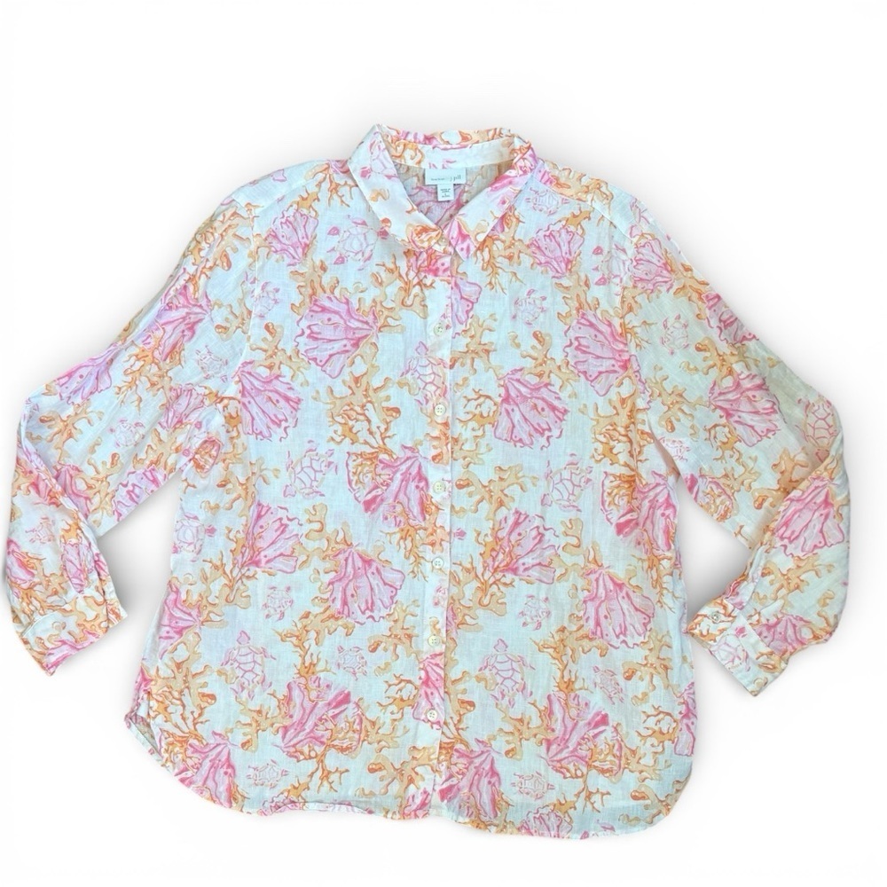 J. Jill Love Linen Blouse – Pink & Orange coral reef turtle print, PL